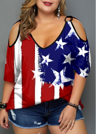 Modlily Plus Size American Flag Print Cold Shoulder T Shirt - 3X