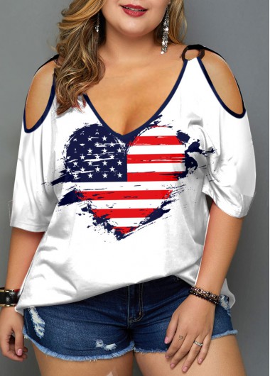 Modlily Plus Size American Flag Print Cold Shoulder T Shirt - 1X