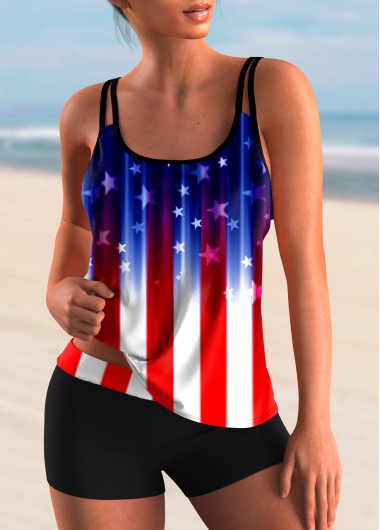 Modlily Spaghetti Strap American Flag Print Tankini Set - XL