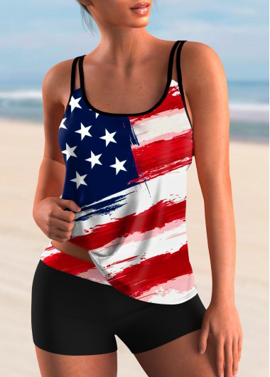 Modlily American Flag Print Spaghetti Strap Tankini Set - S