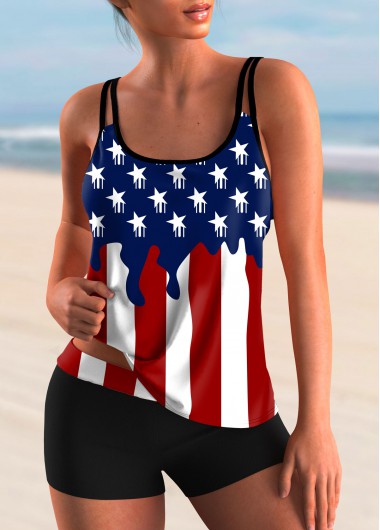 Modlily American Flag Print Spaghetti Strap Tankini Set - M