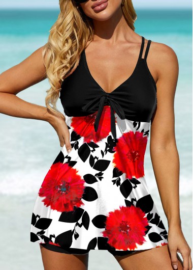 Modlily Floral Print Bowknot Detail Swimdress and Shorts - M