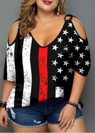 Modlily Plus Size American Flag Print Cold Shoulder T Shirt - 1X
