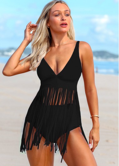Modlily Tassel Spaghetti Strap Solid Swimdress and Panty - M