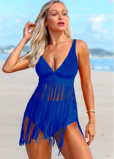 Modlily Tassel Spaghetti Strap Solid Swimdress and Panty - XL