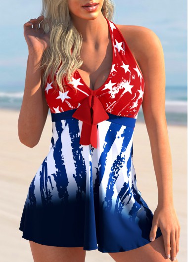 Modlily American Flag Print Bowknot Tankini Set - L