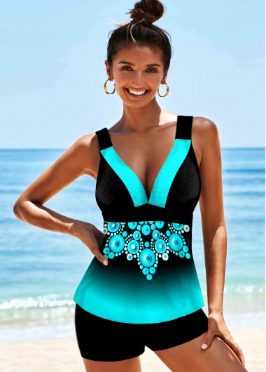 Modlily Tribal Print Ombre Wide Strap Tankini Set - L