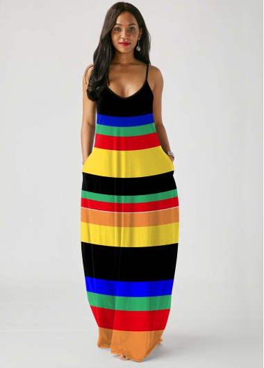 Modlily Rainbow Stripe Spaghetti Strap Pocket Maxi Dress - XL