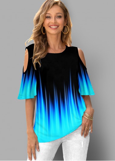 Modlily Colorful Ombre Cold Shoulder Half Sleeve T Shirt - M