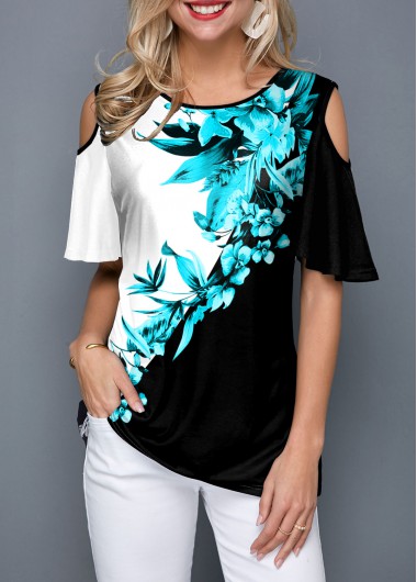 Modlily Color Block Plant Print Cold Shoulder T Shirt - M