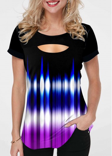 Modlily Colorful Cutout Neck Short Sleeve T Shirt - L