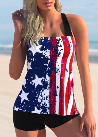 Modlily American Flag Print Cross Strap Tankini Set - XXL