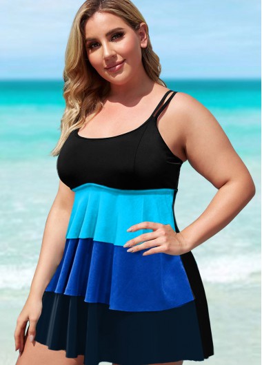 Modlily Plus Size Layered Hem Contrast Swimdress and Panty - 3X