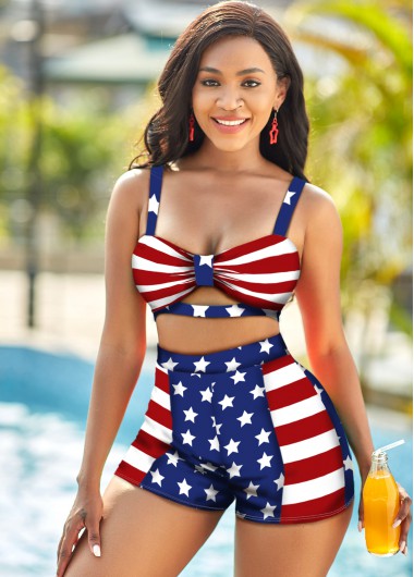 Modlily American Flag Print Spaghetti Strap High Waist Bikini Set - XXL