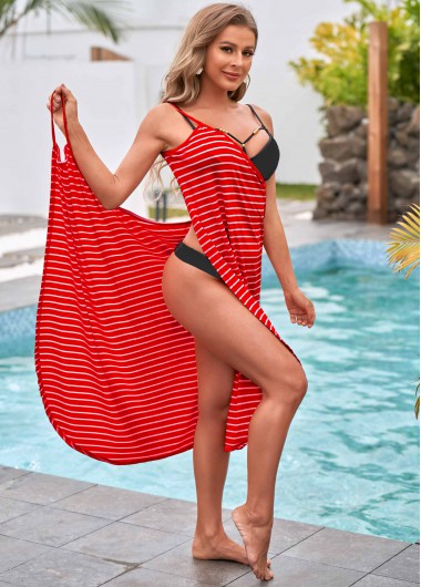 Modlily Striped Spaghetti Strap Crossover Hem Cover Up - 3XL