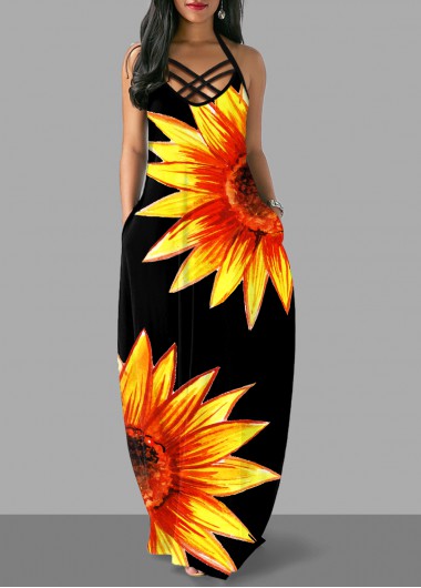 Modlily Sunflower Print Cross Strap Halter Dress - S
