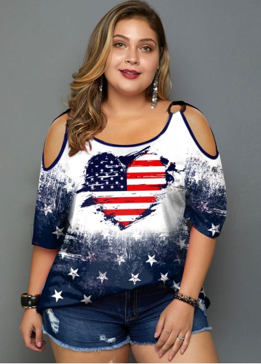Modlily Plus Size American Flag and Heart Print T Shirt - 2X