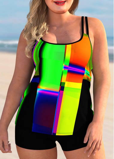 Modlily Geometric Print Plus Size Spaghetti Strap Tankini Set - 3X
