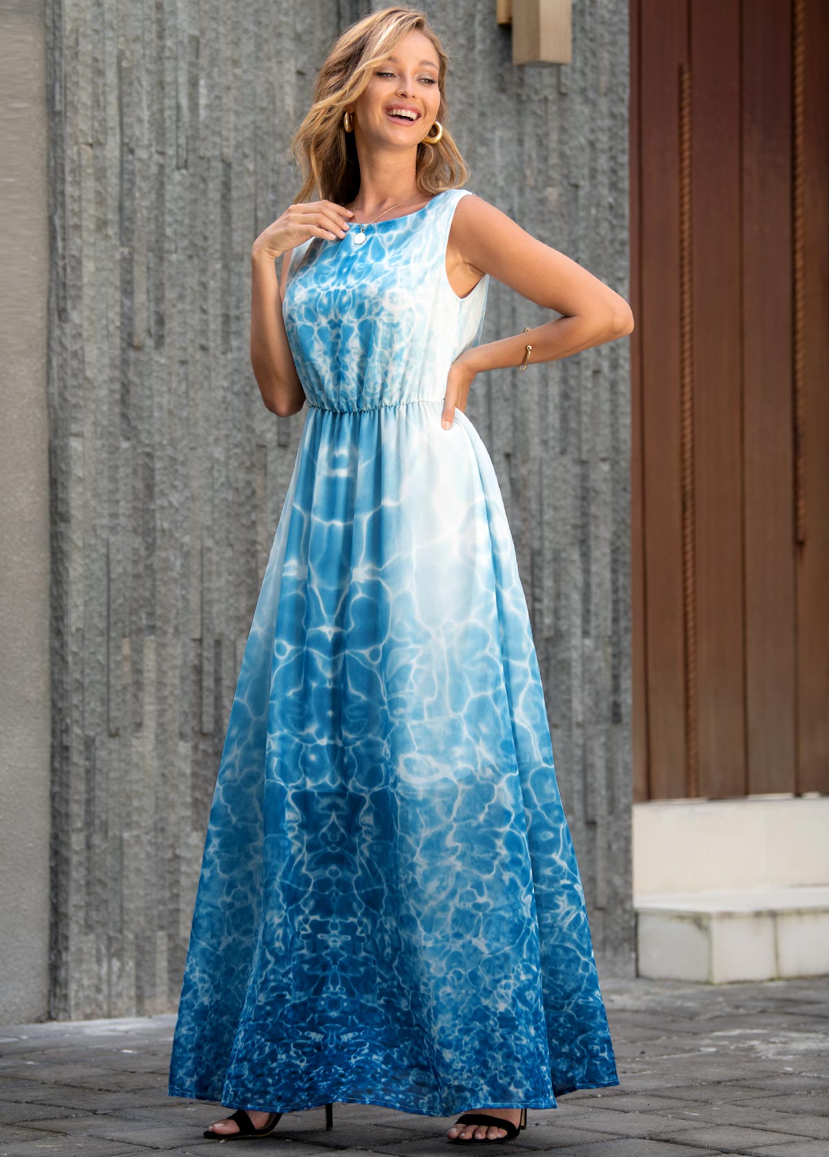 Sleeveless V Back Tie Dye Print Maxi Dress