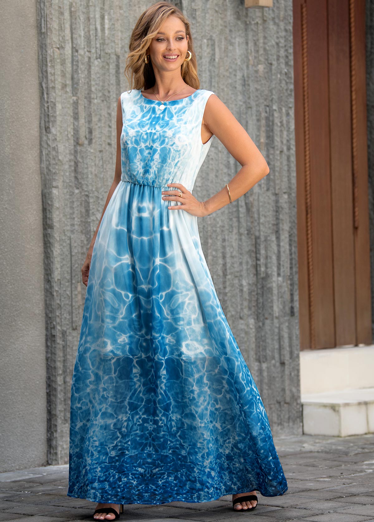 Sleeveless V Back Tie Dye Print Maxi Dress