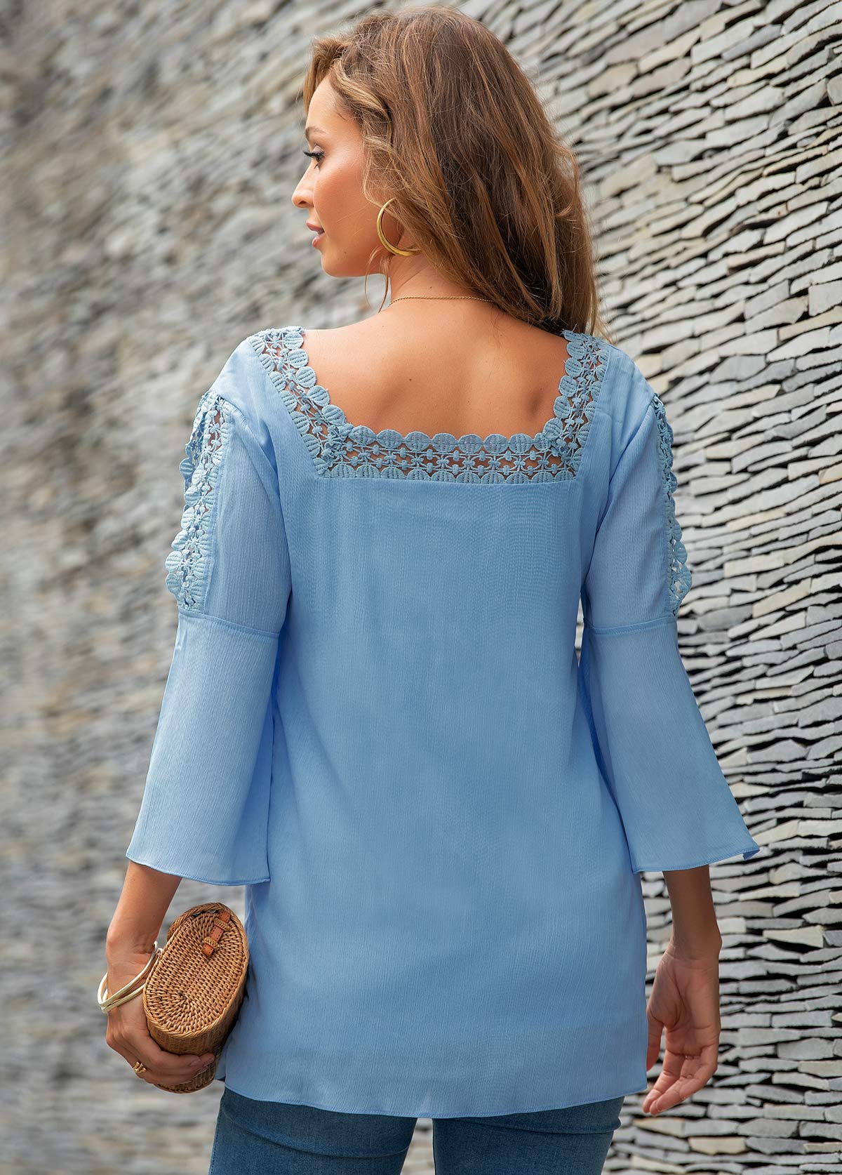 Lace Panel Square Neck Crinkle Chest Blouse