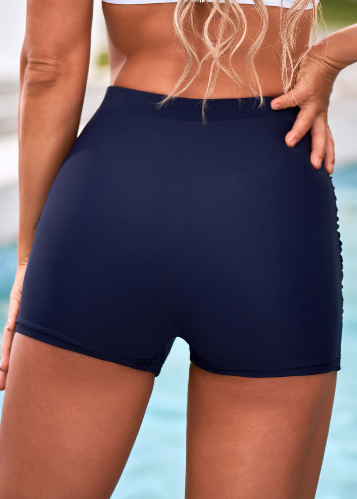 Ruched High Waisted Navy Blue Swim Shorts