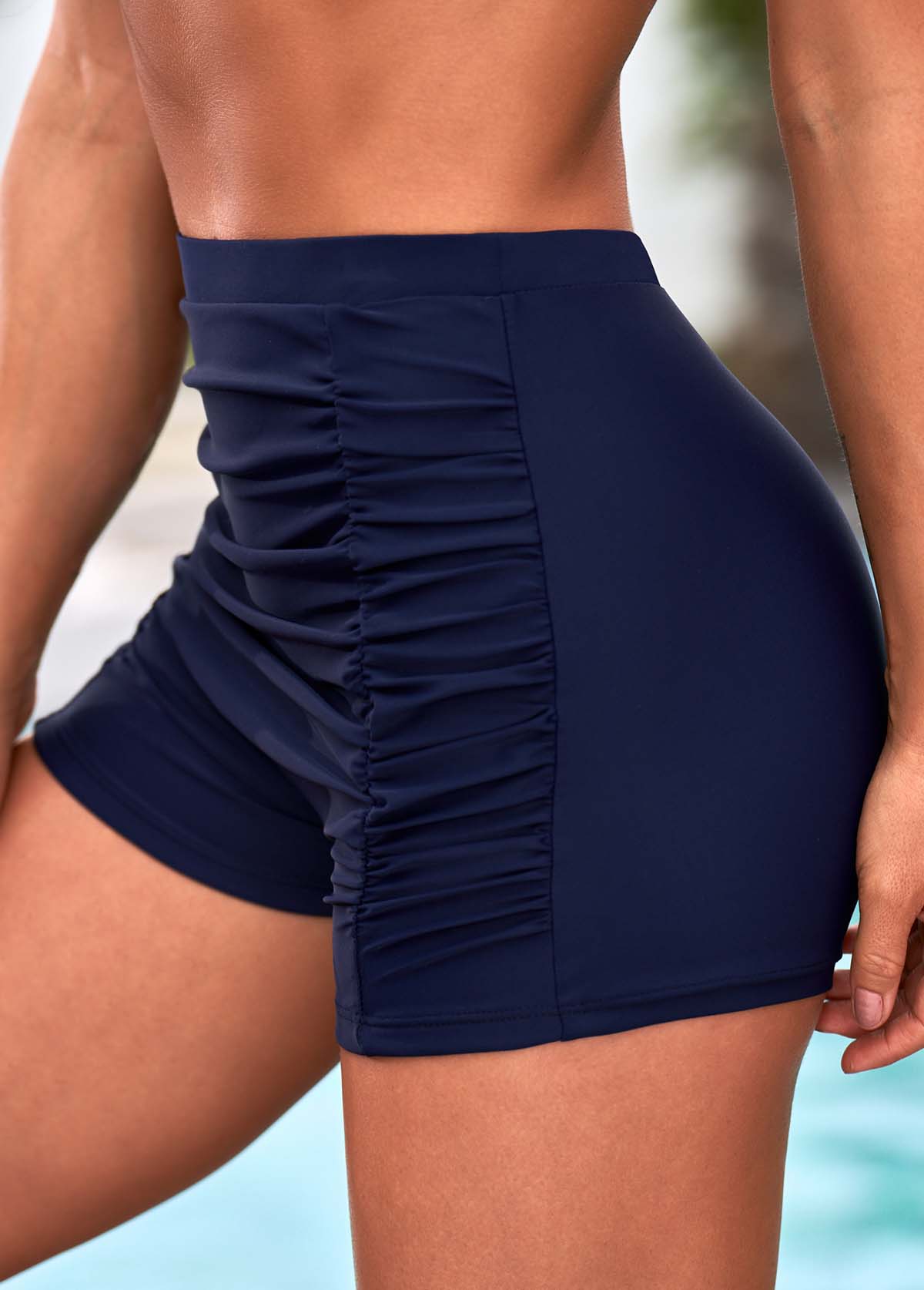 Ruched High Waisted Navy Blue Swim Shorts