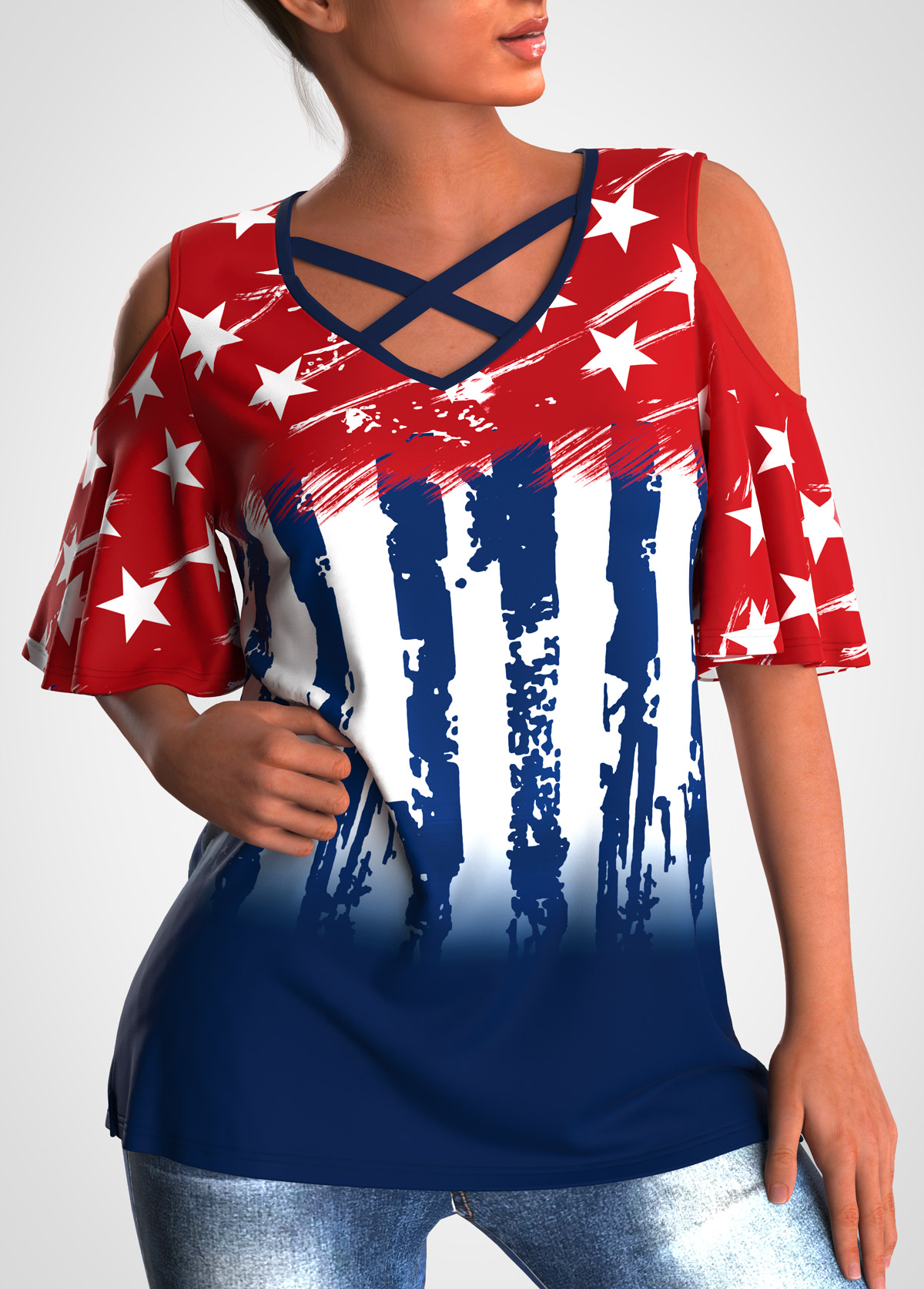 American Flag Print Cold Shoulder Cross Strap T Shirt