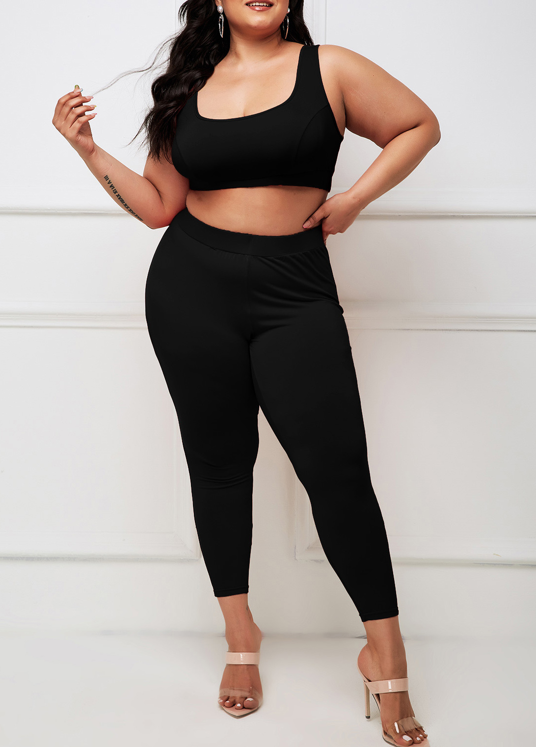 Plus Size Black Wide Strap High Waisted Sweatsuit