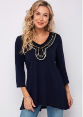 Embellished Neck 3/4 Sleeve Navy Blue T Shirt | thumb picture 