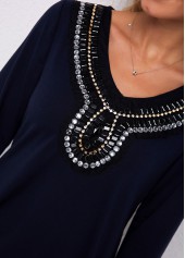 Embellished Neck 3/4 Sleeve Navy Blue T Shirt | thumb picture 