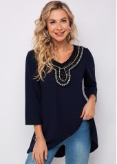 Embellished Neck 3/4 Sleeve Navy Blue T Shirt | thumb picture 