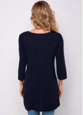 Embellished Neck 3/4 Sleeve Navy Blue T Shirt | thumb picture 