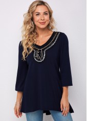 Embellished Neck 3/4 Sleeve Navy Blue T Shirt