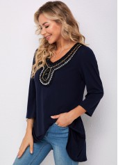 Embellished Neck 3/4 Sleeve Navy Blue T Shirt | thumb picture 