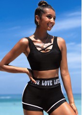 Letter Print Cross Strap High Waisted Bikini Set