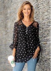 Polka Dot Crinkle Chest Hanky Cuff Blouse