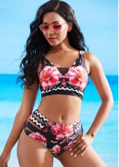 Mesh Stitching Floral Print Ladder Cutout Bikini Set