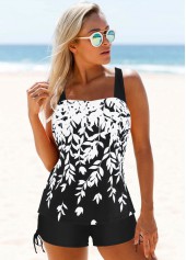 Wide Strap Drawstring Side Printed Tankini Set