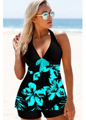 Floral Print Halter Keyhole Back Swimdress and Shorts