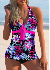 Halter Bowknot Floral Print Tankini Set