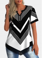 Multi Color Geometric Print Short Sleeve Split Neck Blouse
