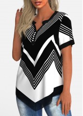 Multi Color Geometric Print Short Sleeve Split Neck Blouse