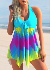 Hanky Hem Bowknot Colorful Geometric Print Swimdress and Panty