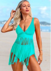 Tassel Spaghetti Strap Solid Swimdress and Panty