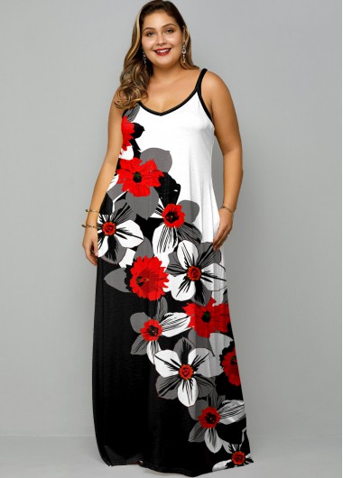 Modlily Plus Size Floral Print Spaghetti Strap Maxi Dress - 3X