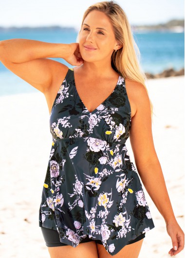 Modlily Plus Size Floral Print Swimdress and Shorts - 1X