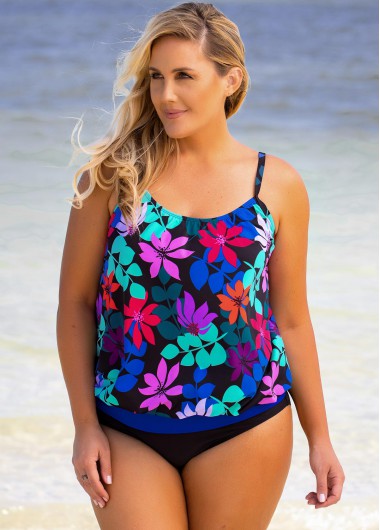 Modlily Plus Size Floral Print Spaghetti Strap Tankini Top - 1X