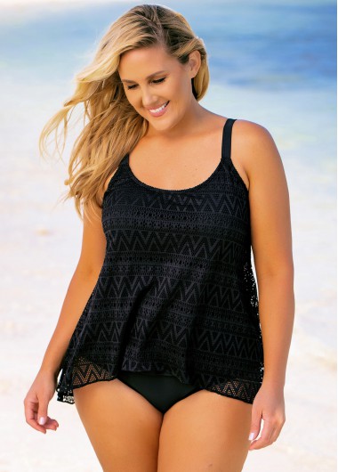 Modlily Pierced Lace Solid Plus Size Tankini Set - 1X