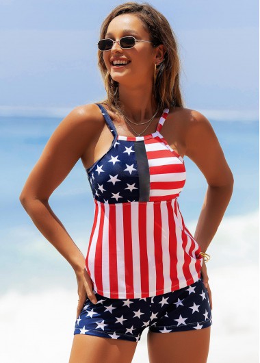 Modlily American Flag Print Spaghetti Strap Tankini Set - S
